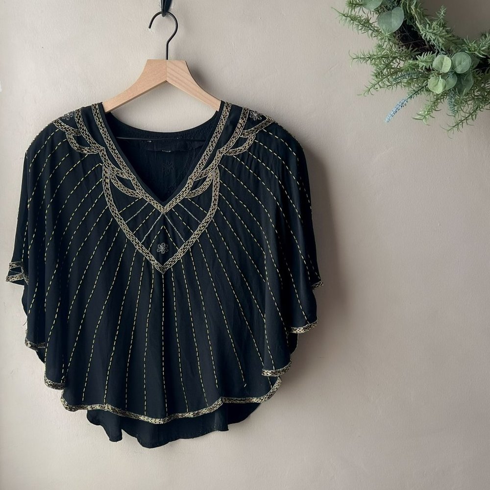Vintage Black Gold Hand Embroidered Beaded Scallop Edge V-neck Silk Blouse